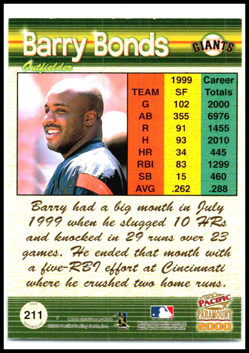 2000 Pacific Paramount Holo-Gold #211 Barry Bonds #/199 San Francisco Giants