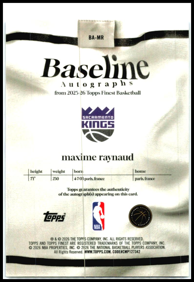 2025-26 Finest Baseline Blue X-Fractor #BA-MR Maxime Raynaud Auto Kings