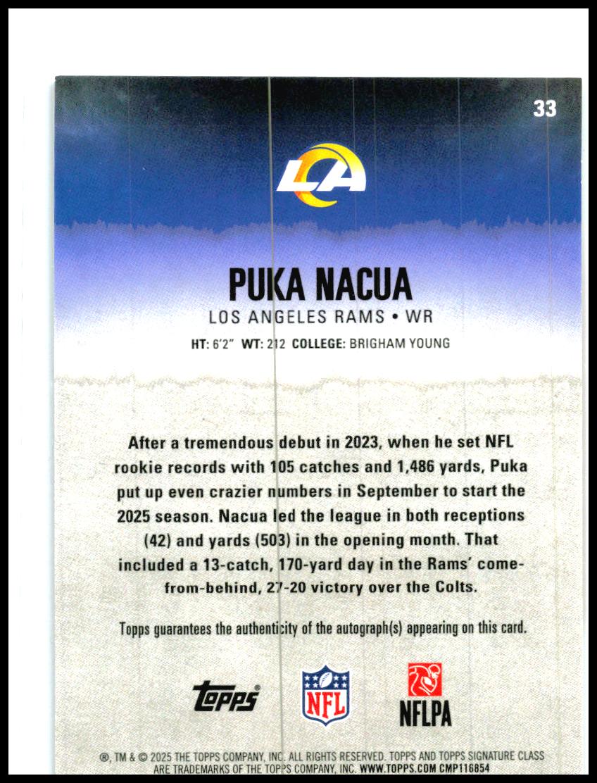 2025 Topps Signature Class Orange #33 Puka Nacua #/50 Los Angeles Rams