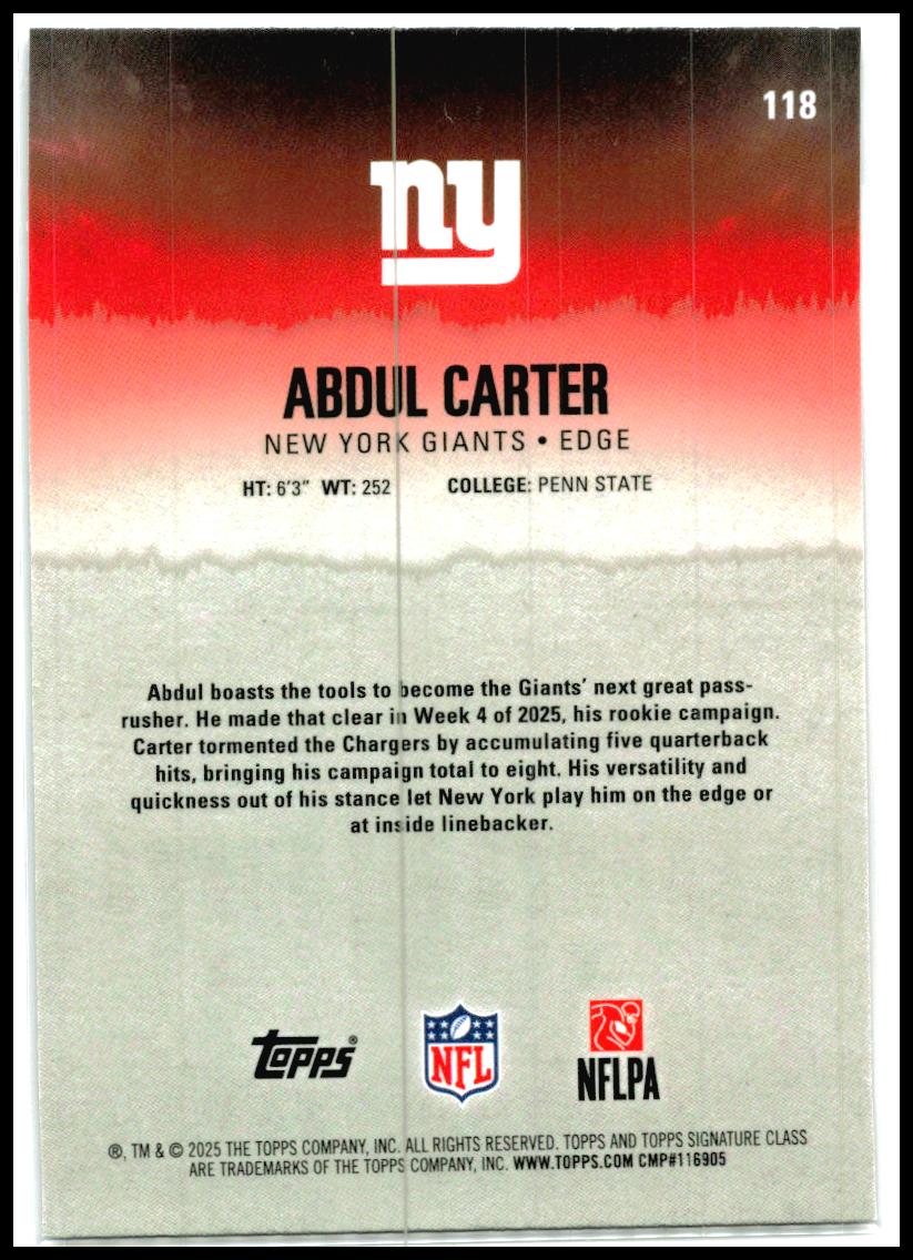 2025 Topps Signature Class Chrome Magenta #/250 #118 Abdul Carter Rookie Giants