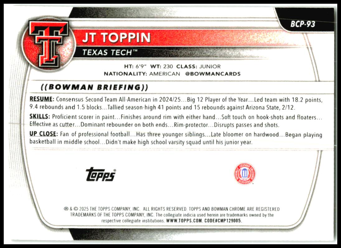 2025-26 Bowman Chrome Gold Geometric Refractor #BCP-93 JT Toppin Texas Tech