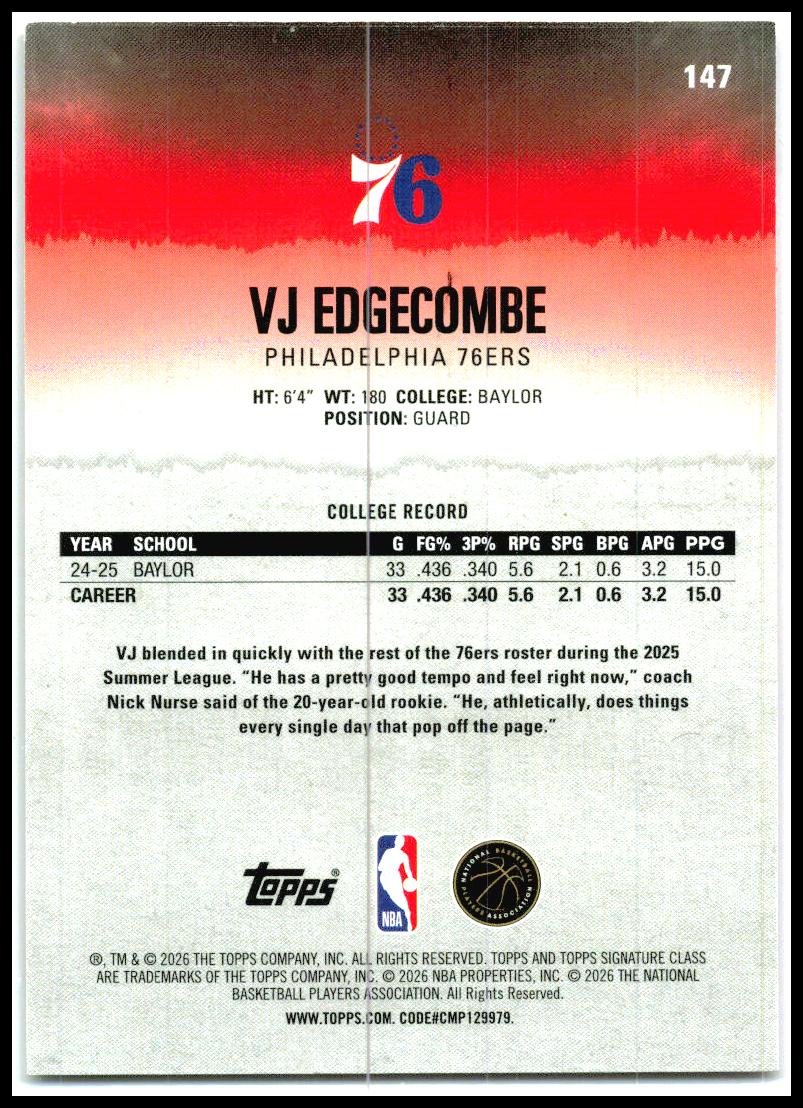 2025-26 Topps Signature Class Pink #147 VJ Edgecombe Rookie 76ers