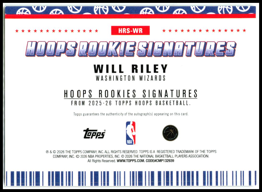 2025-26 Topps NBA Hoops Rookie Signatures #HRS-WR Will Riley Wizards