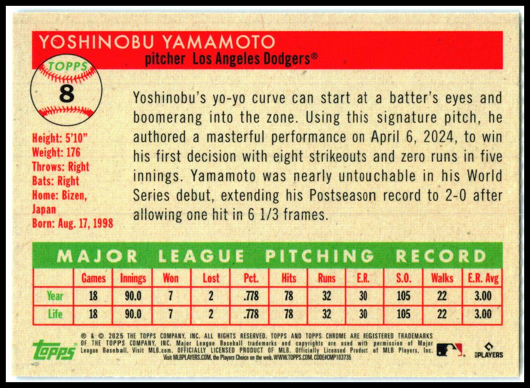 2025 Topps Chrome Platinum Blue Prism Refractors #8 Yoshinobu Yamamoto Dodgers