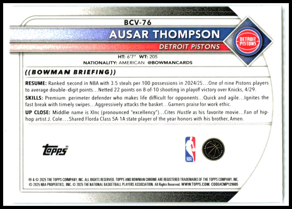 2025-26 Bowman Chrome Blue Shimmer #BCV-76 Ausar Thompson #/150 Detroit Pistons