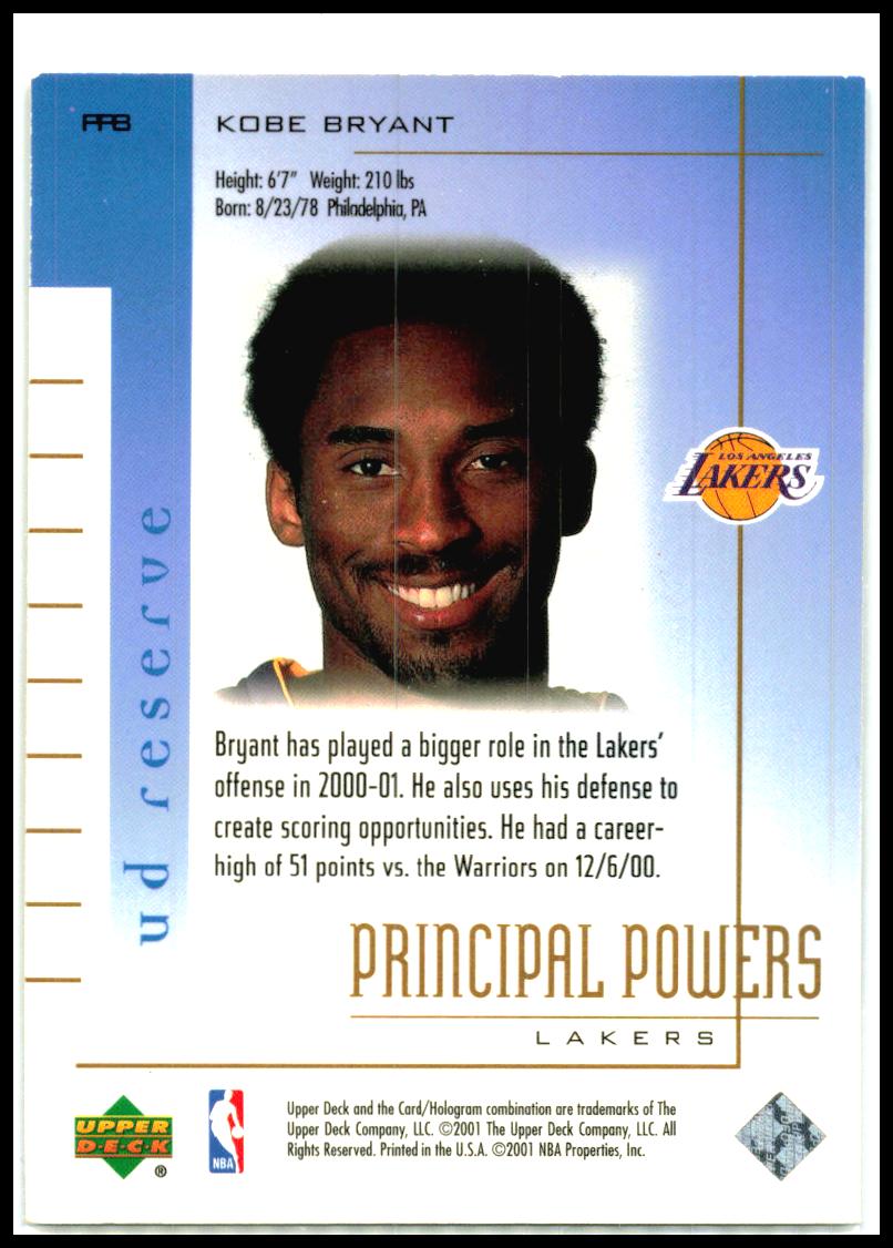 2000-01 UD Reserve Principal Powers #PP8 Kobe Bryant Los Angeles Lakers