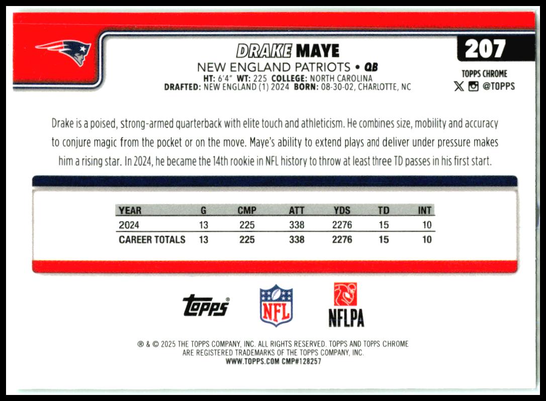 2025 Topps Chrome Green Lava Refractor /99 #207 Drake Maye New England Patriots