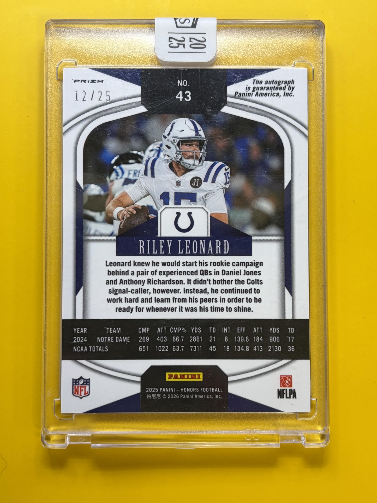 2025 Panini Honors Signatures Orange #43 Riley Leonard Auto Colts