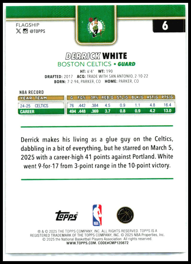 2025-26 Topps Gold #6 Derrick White #/2025 Boston Celtics
