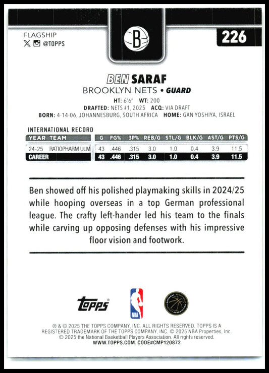 2025-26 Topps Gold #226 Ben Saraf Rookie #/2025 Brooklyn Nets