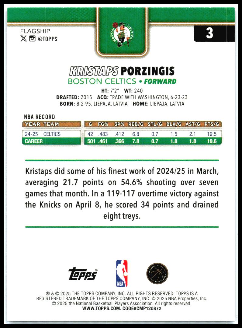 2025-26 Topps Purple Holo Foil /250 #3 Kristaps Porzingis Boston Celtics