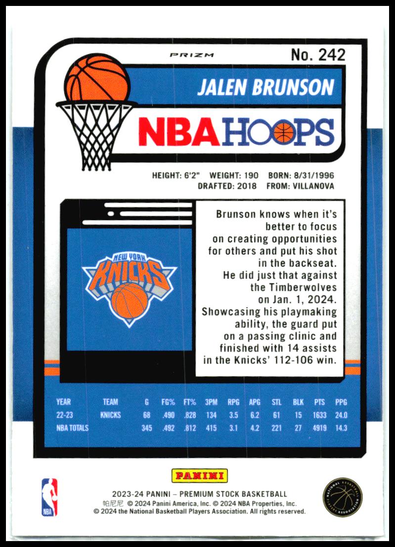 2023-24 Hoops Premium Stock Silver Prizm #242 Jalen Brunson New York Knicks