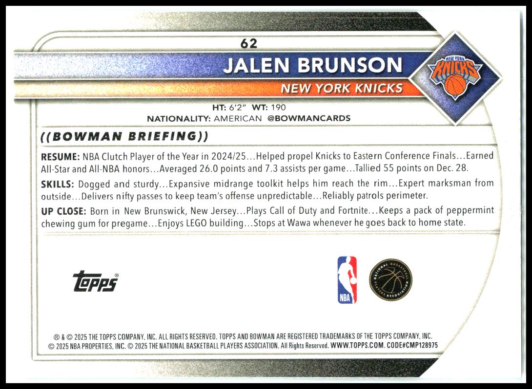 2025-26 Bowman #62 Jalen Brunson New York Knicks