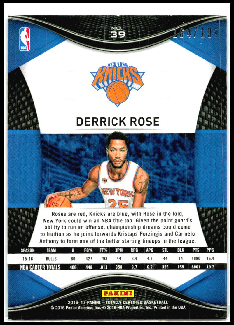 2016-17 Panini Totally Certified Red #39 Derrick Rose #/199 New York Knicks