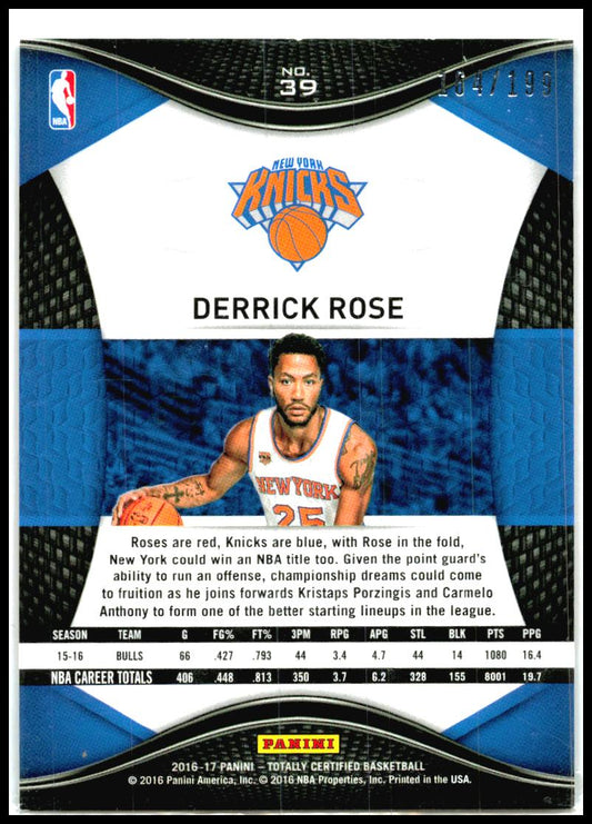 2016-17 Panini Totally Certified Red #39 Derrick Rose #/199 New York Knicks