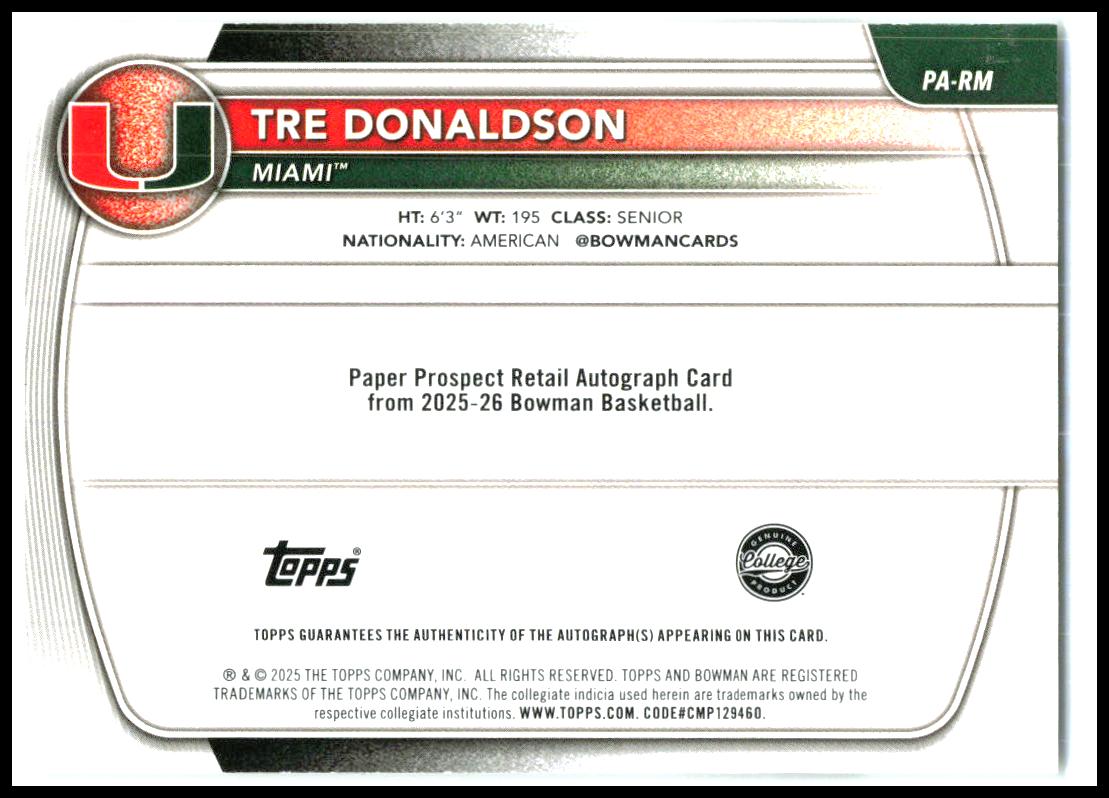 2025-26 Bowman Prospect Autographs #PA-RM Tre Donaldson Auto Miami Hurricanes