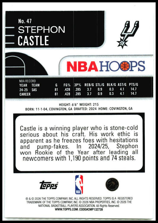 2025-26 Hoops #47 Stephon Castle San Antonio Spurs