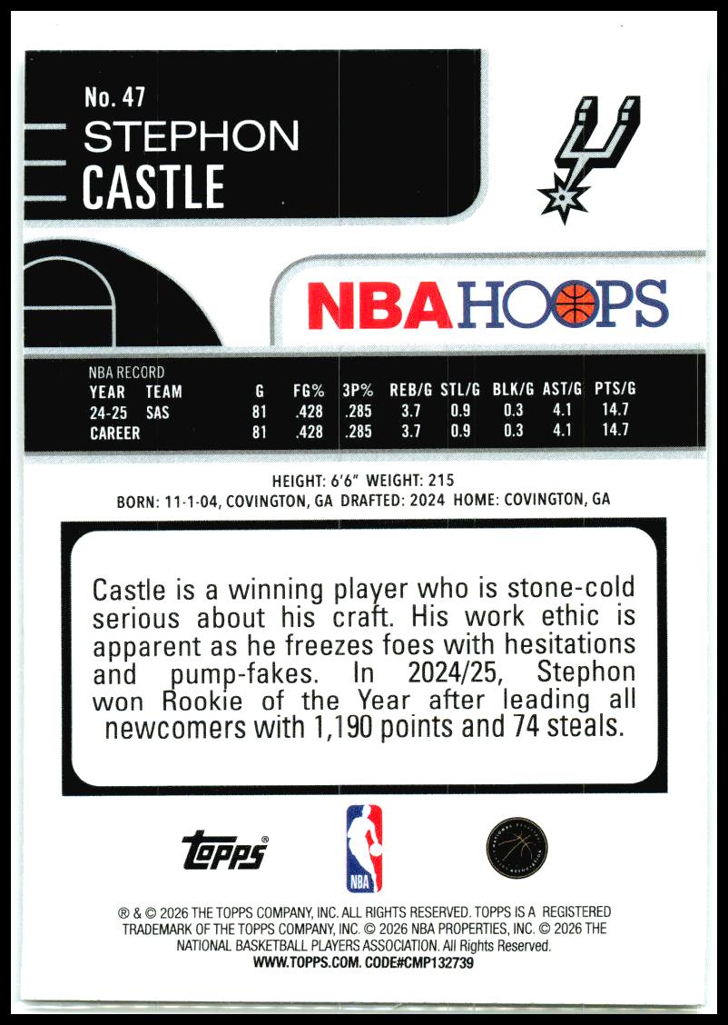 2025-26 Hoops #47 Stephon Castle San Antonio Spurs