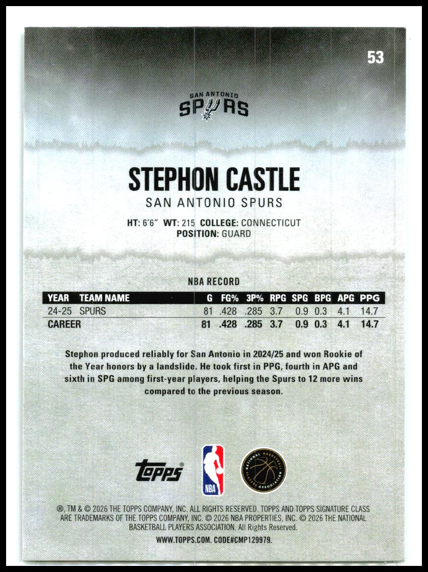 2025-26 Topps Signature Class #53 Stephon Castle San Antonio Spurs
