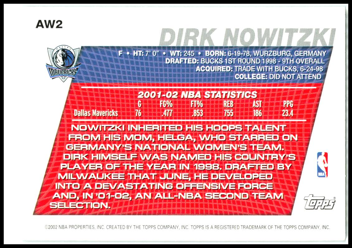 2002-03 Topps Around the World Exchange #AW2 Dirk Nowitzki Dallas Mavericks