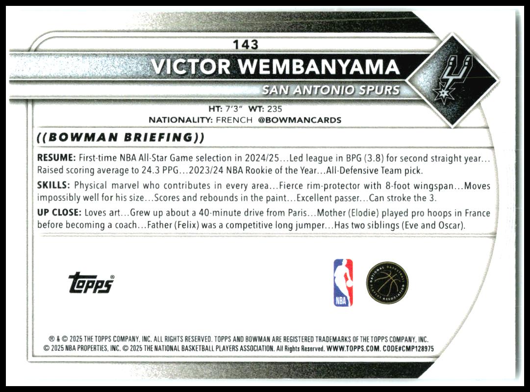 2025-26 Bowman #143 Victor Wembanyama San Antonio Spurs