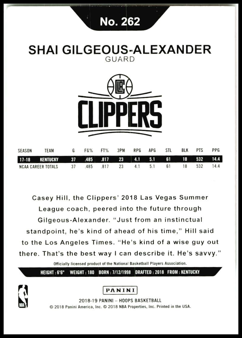 2018-19 Hoops #262 Shai Gilgeous-Alexander Rookie Los Angeles Clippers