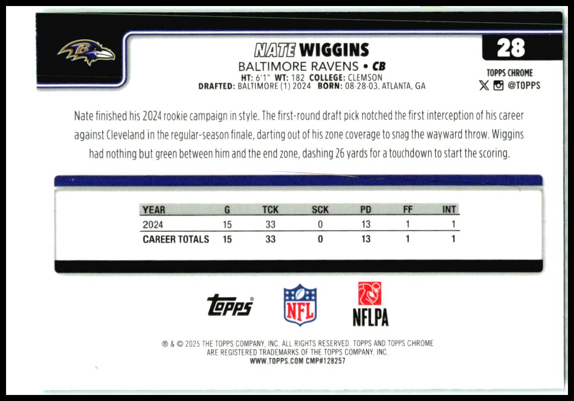 2025 Topps Chrome Green Wave Refractor #28 Nate Wiggins #/99 Baltimore Ravens