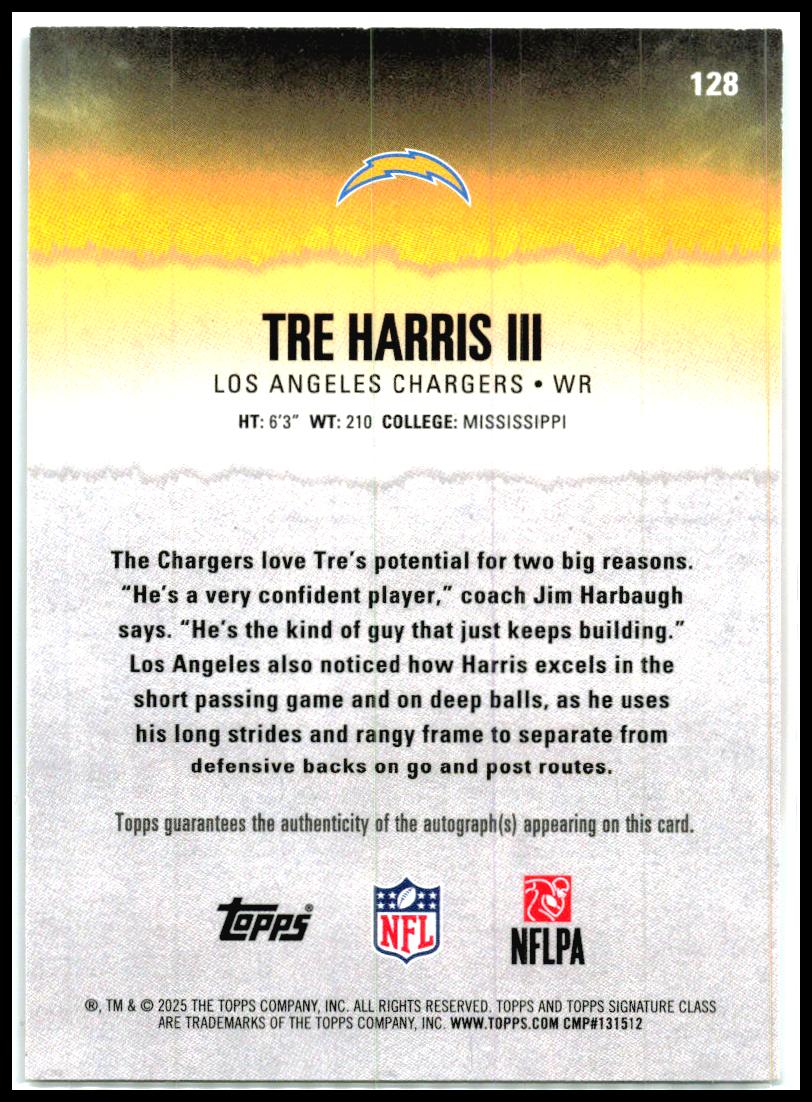 2025 Topps Signature Class Auto Orange #/50 #128 Tre Harris III Rookie Auto