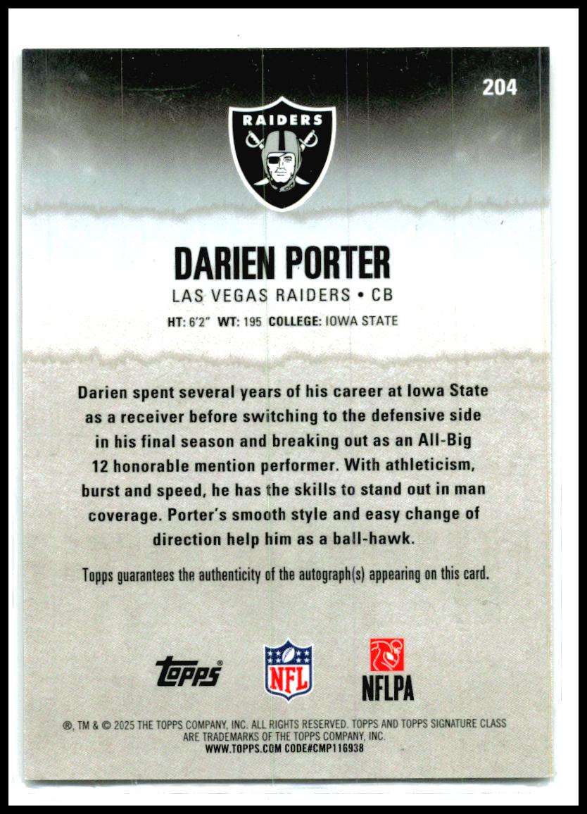 2025 Topps Signature Class Autographs #204 Darien Porter Rookie Auto Raiders