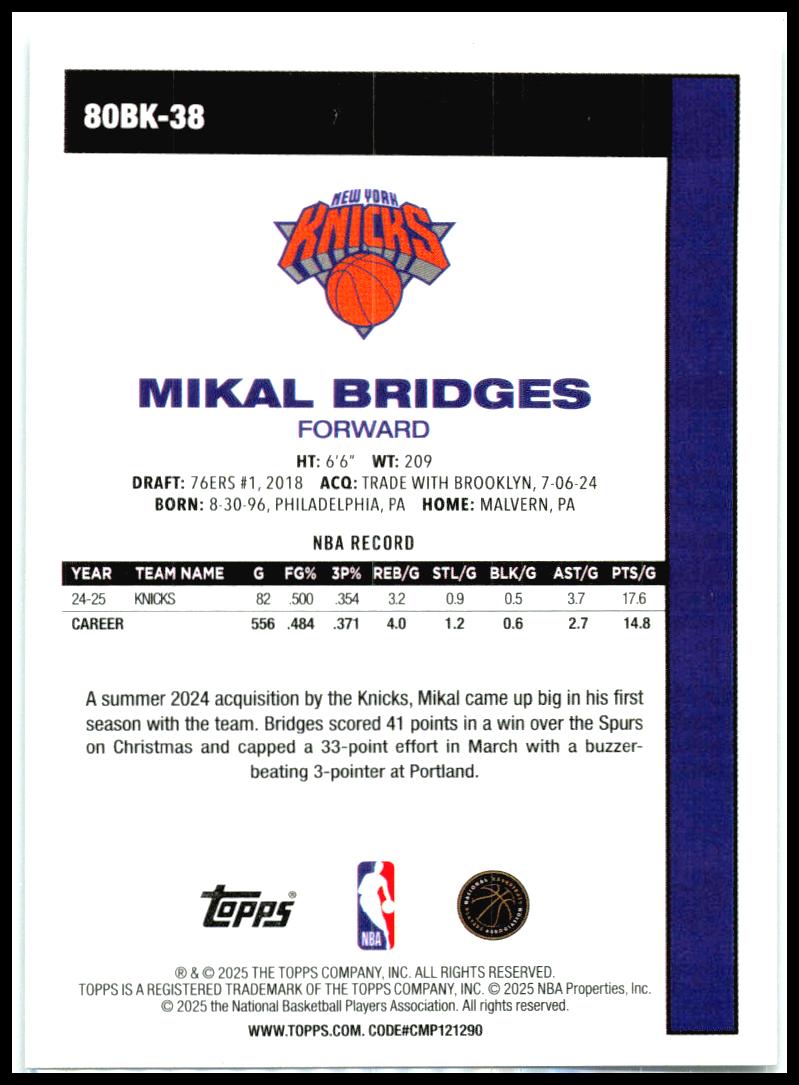 2025-26 Topps 1980-81 Topps Basketball #80BK-38 Mikal Bridges New York Knicks
