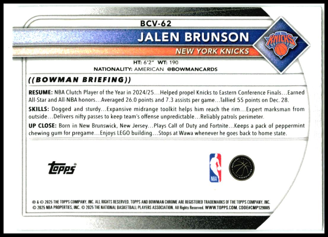 2025-26 Bowman #62 Jalen Brunson New York Knicks