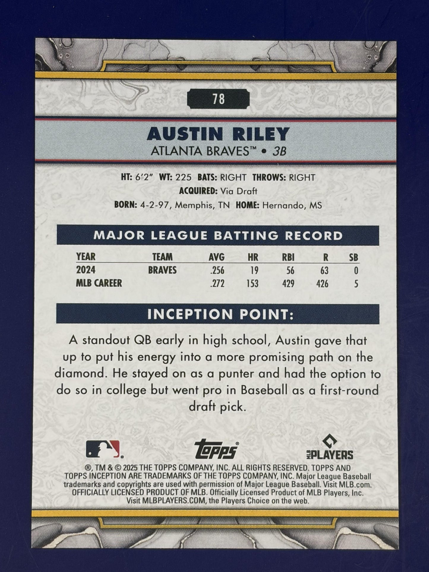 2025 Topps Inception Yellow /199 #78 Austin Riley Atlanta Braves