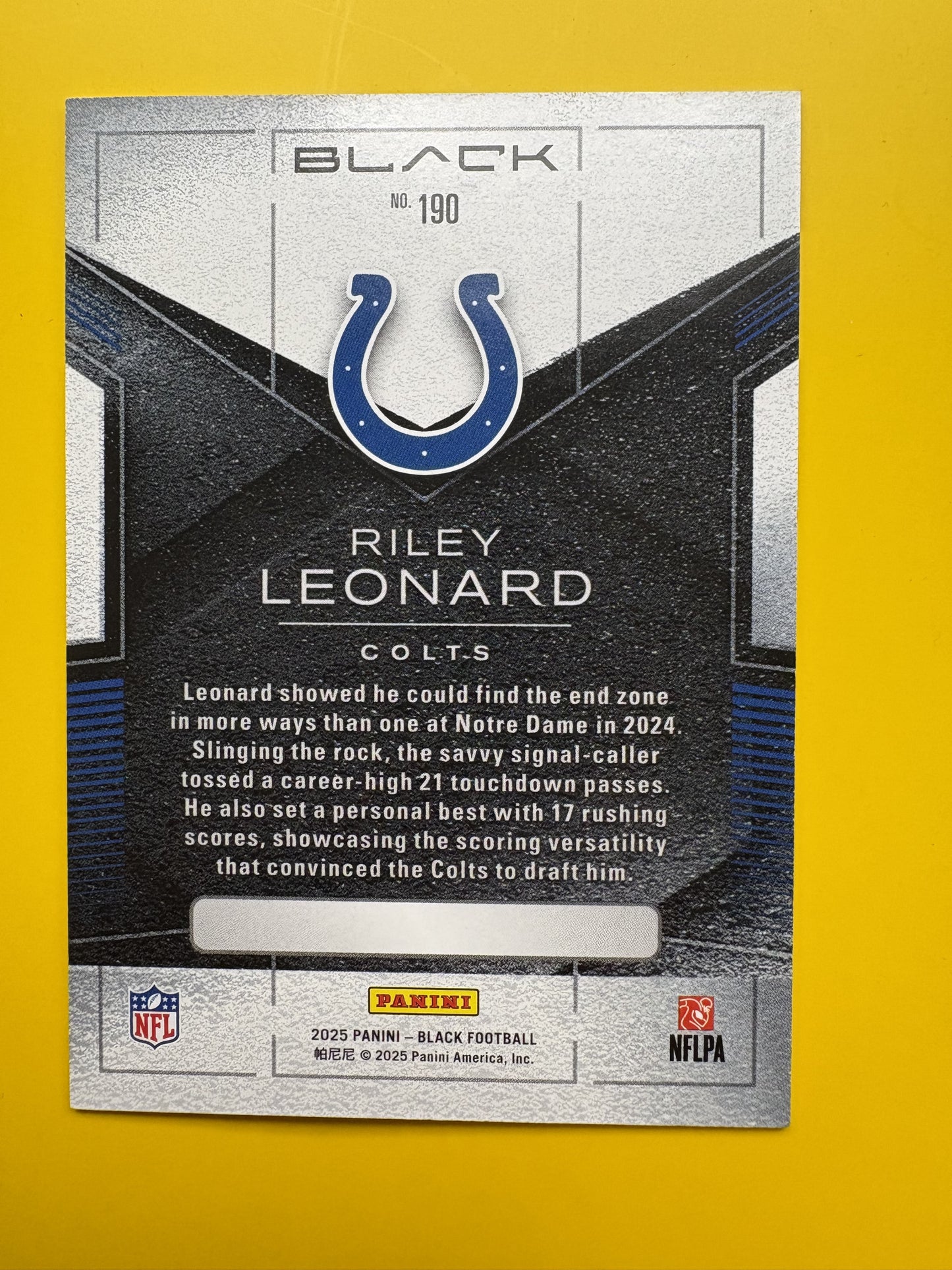 2025 Panini Black Sapphire #190 Riley Leonard Rookie #/50 Indianapolis Colts