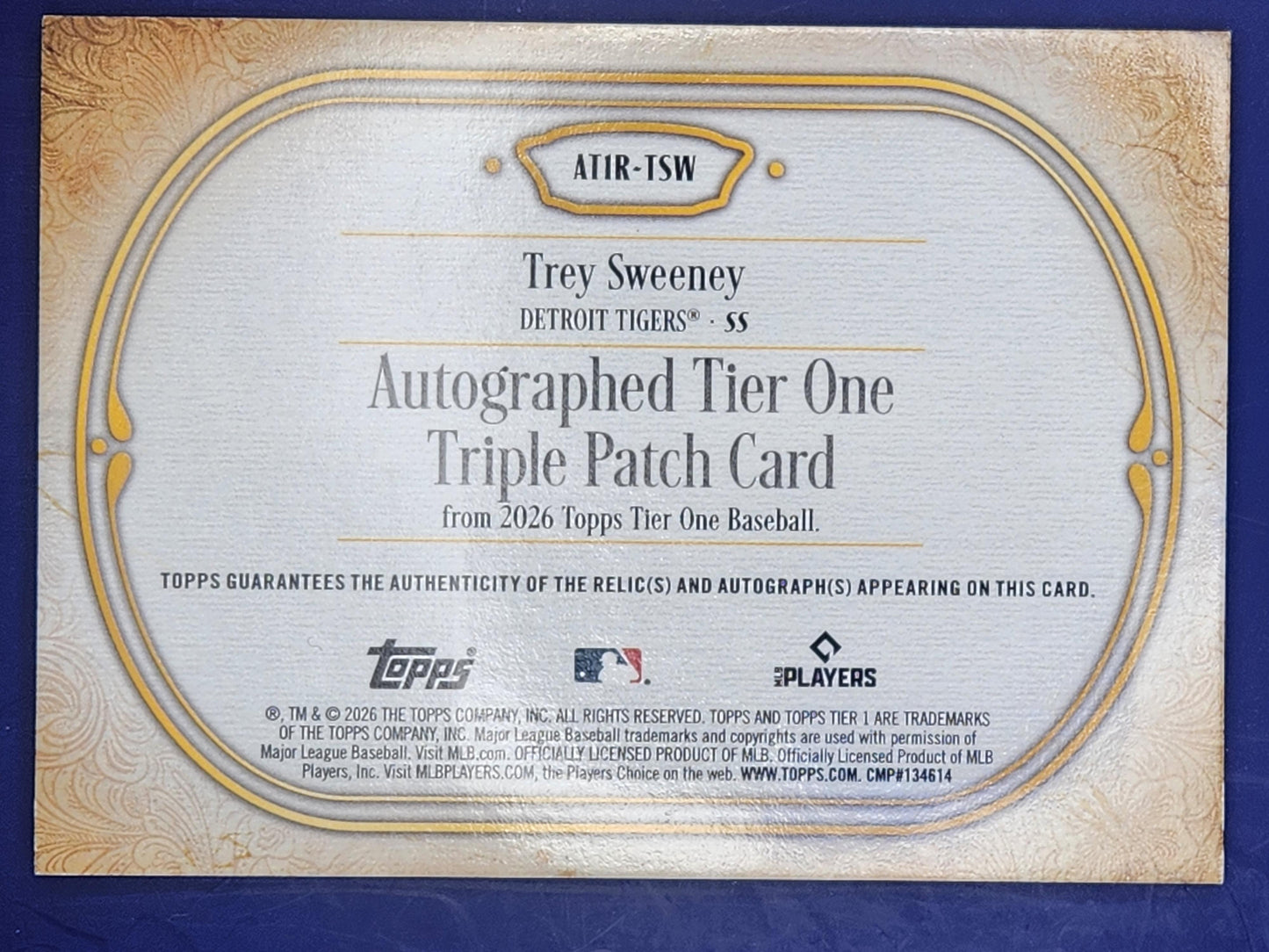 2026 Topps Tier One Light Blue Triple Relic 1/1 #ATIR-TSW Trey Sweeney Tigers