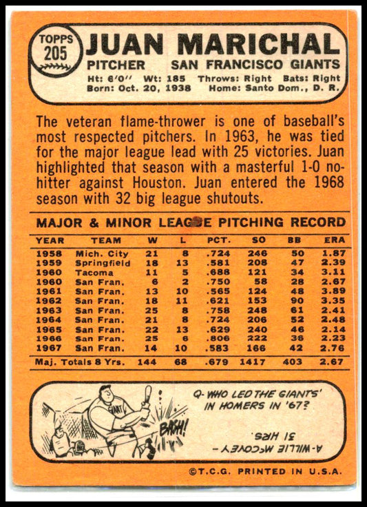 1968 Topps #205 Juan Marichal San Francisco Giants