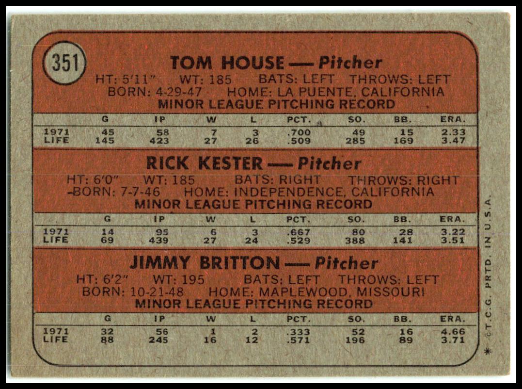 1972 Topps #351 Braves 1972 Rookie Stars House / Kester / Britton Rookie Braves
