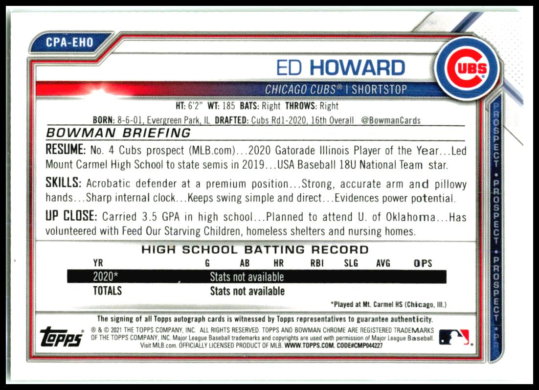 2021 Bowman Chrome Prospect Auto Green #/99 #CPA-EHO Ed Howard Auto Chicago Cubs