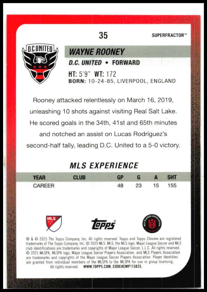 2025 Topps Chrome MLS SuperFractor #35 Wayne Rooney #/1 D.C. United