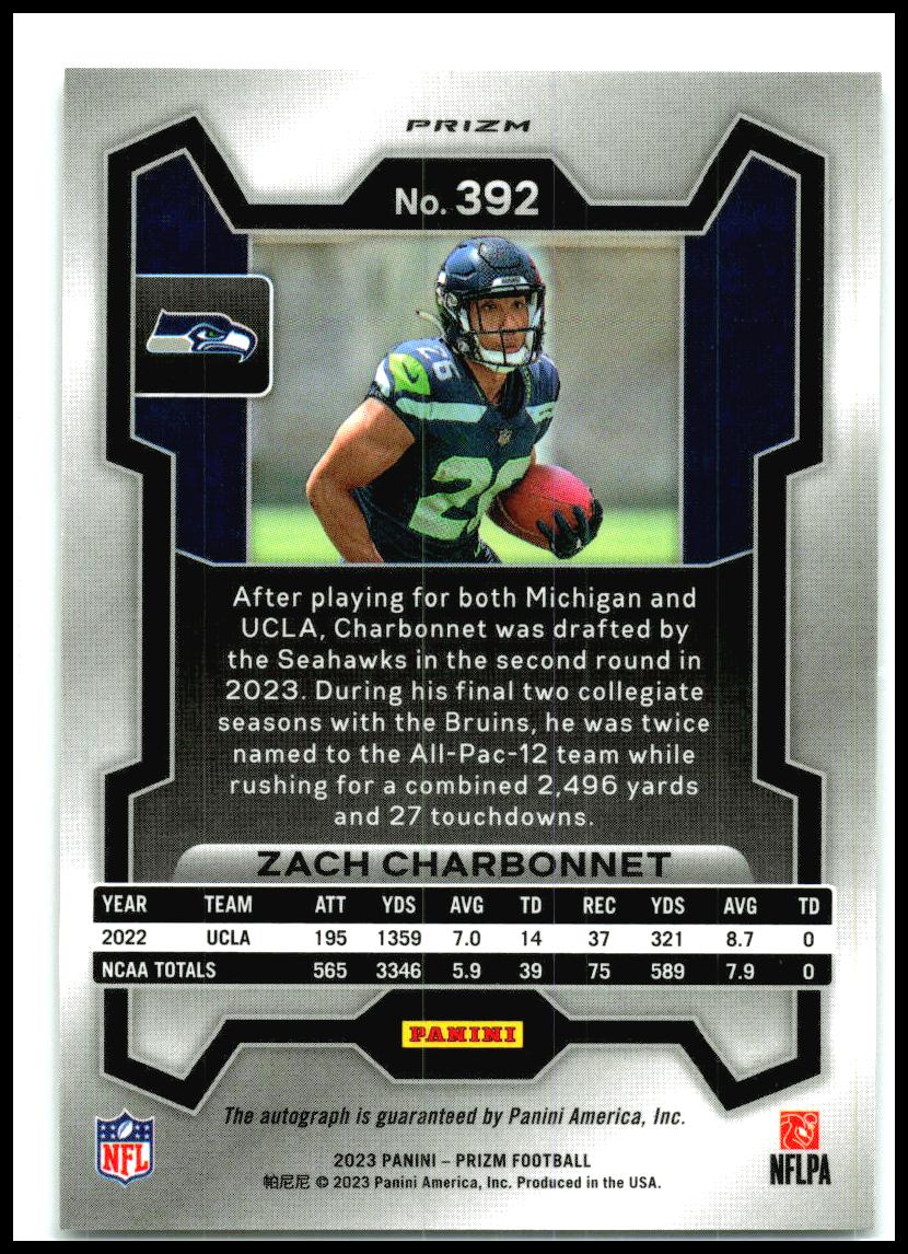 2023 Panini Prizm Rookie Auto Prizm No Huddle #392 Zach Charbonnet Auto Seattle