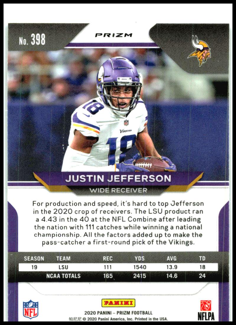 2020 Panini Prizm Prizm Green #398 Justin Jefferson Rookie Minnesota Vikings