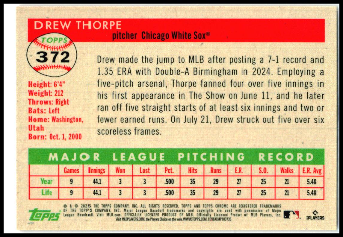 2025 Topps Chrome Platinum Orange Refractors #372 Drew Thorpe Rookie White Sox