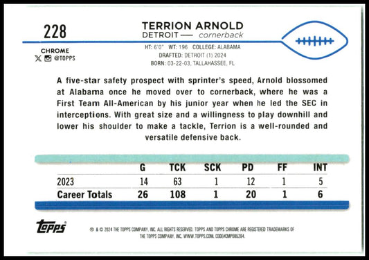 2024 Topps Chrome Green Sonar Refractor #228 Terrion Arnold Rookie Lions