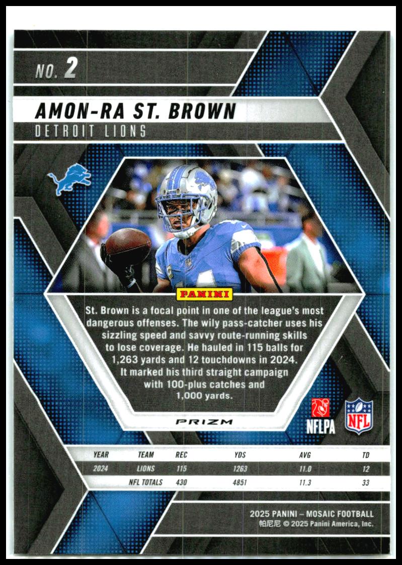 2025 Panini Mosaic Peacock #2 Amon-Ra St. Brown Detroit Lions