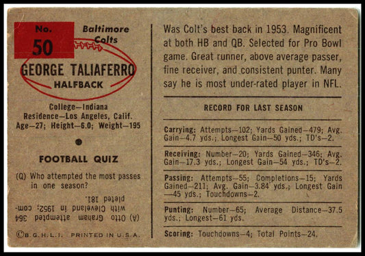 1954 Bowman #50 George Taliaferro Baltimore Colts