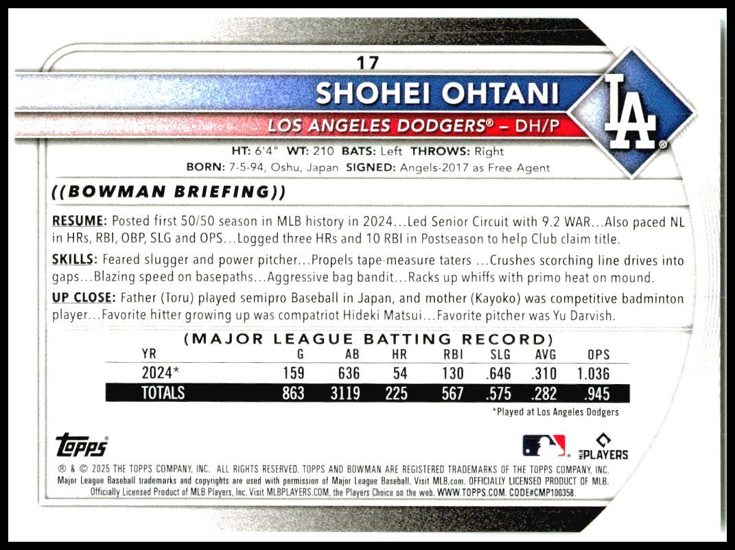 2025 Bowman #17 Shohei Ohtani Los Angeles Dodgers