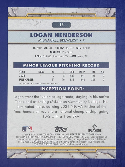 2025 Topps Inception Green #12 Logan Henderson Rookie Milwaukee Brewers