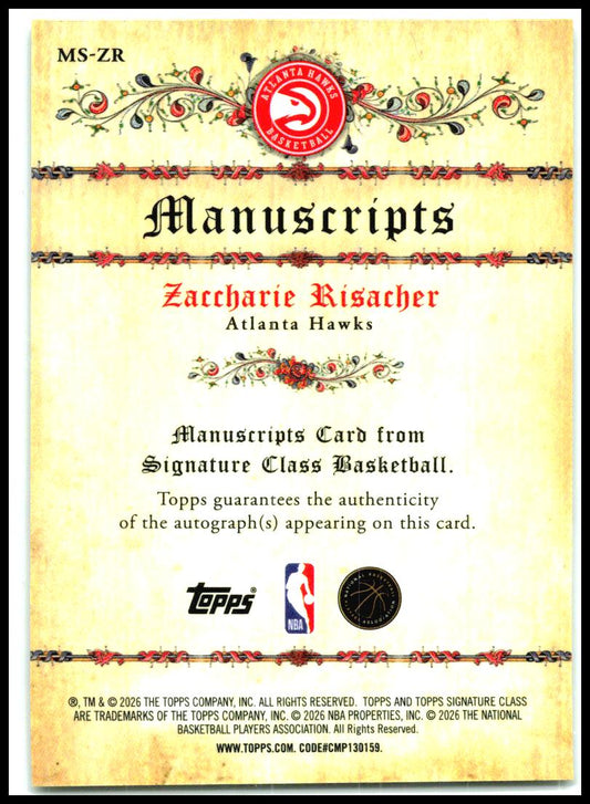 2025-26 Signature Class Manuscripts Refractor #MS-ZR Zaccharie Risacher AU