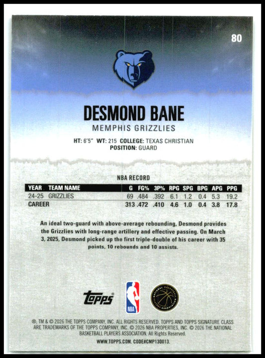2025-26 Topps Signature Class Chrome Yellow Refractors #80 Desmond Bane