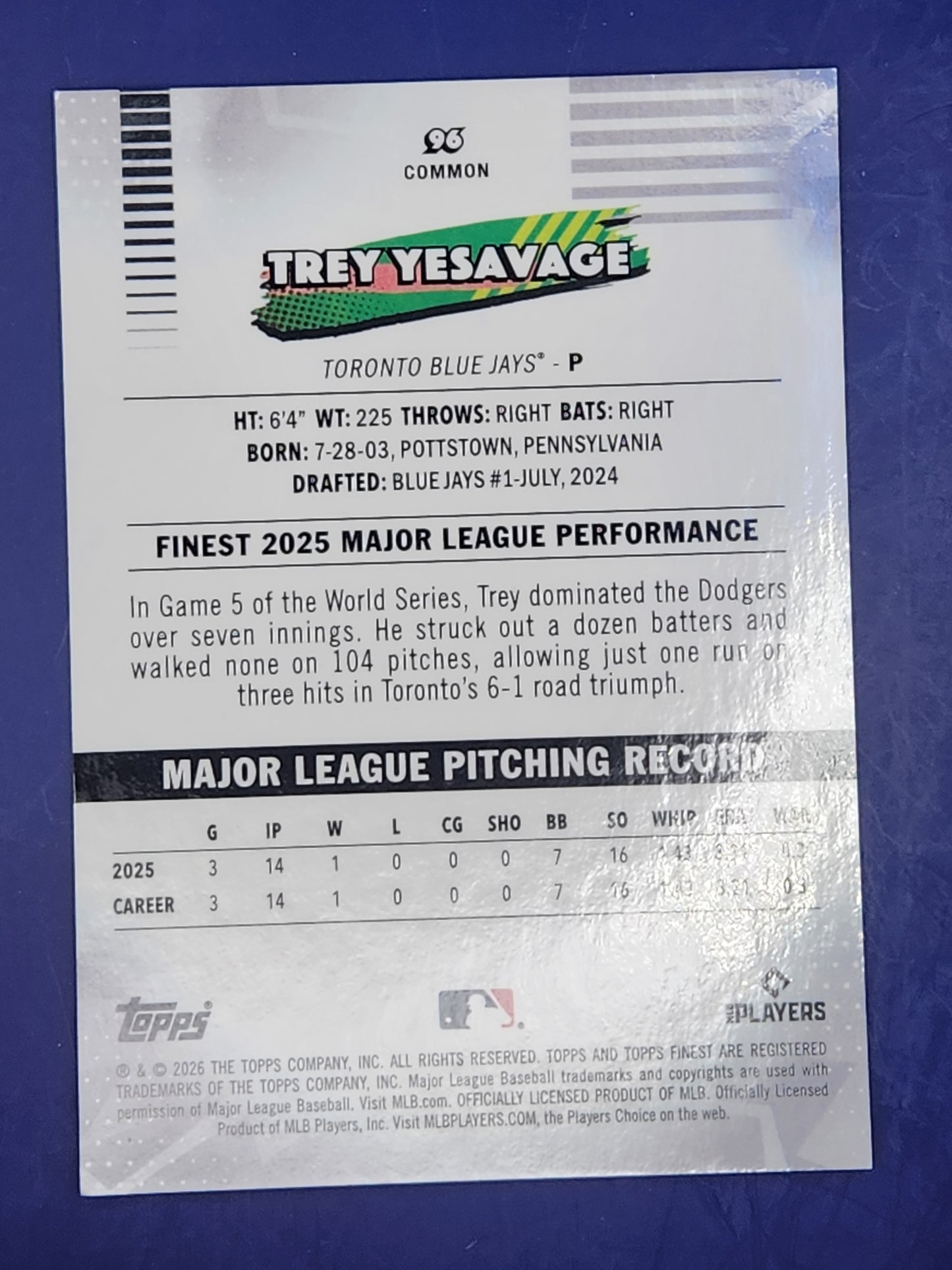 2026 Topps Finest Orange Geometric /25 #96 Trey Yesavage