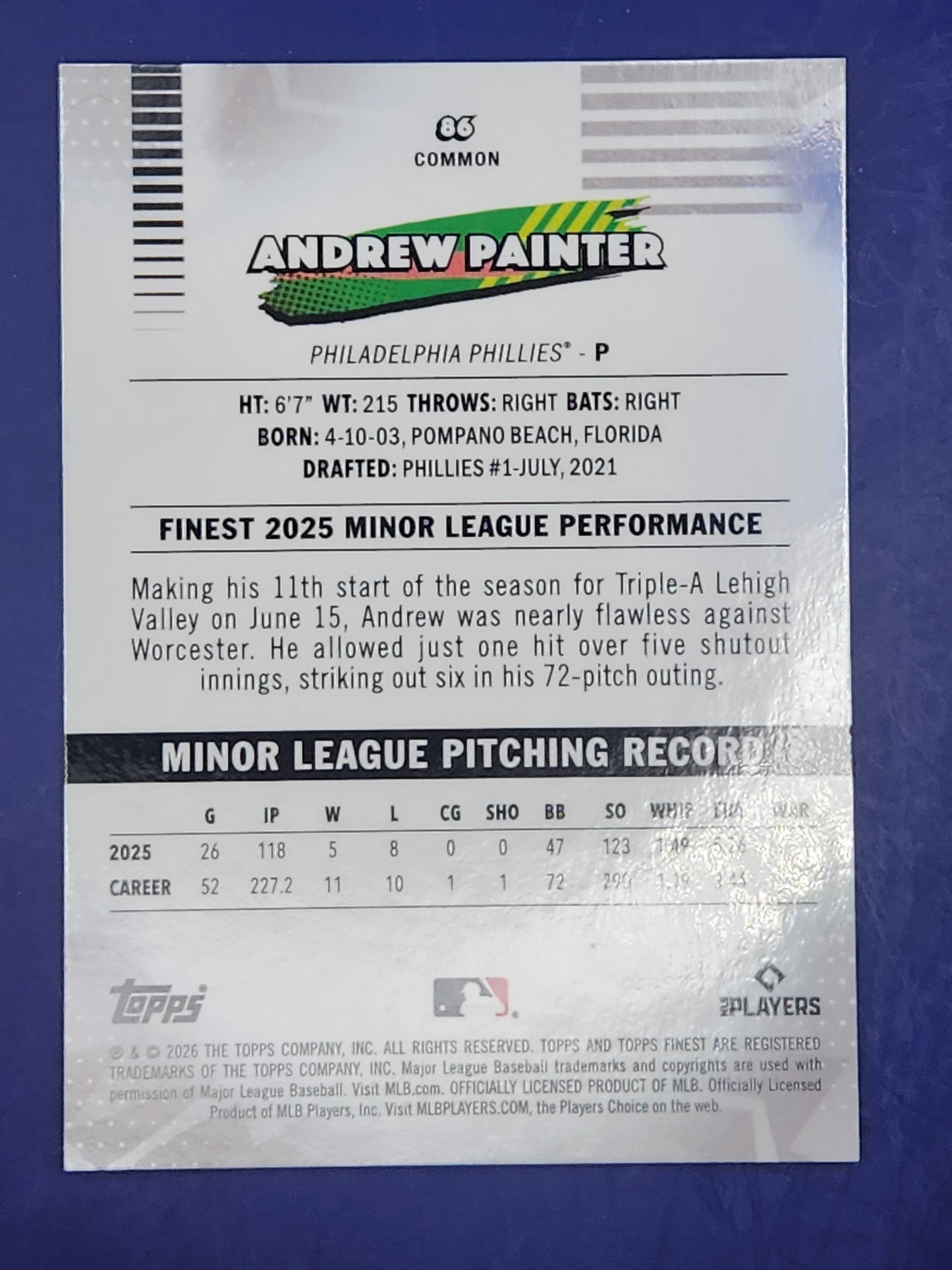 2026 Topps Finest Pink #/250 #86 Andrew Painter